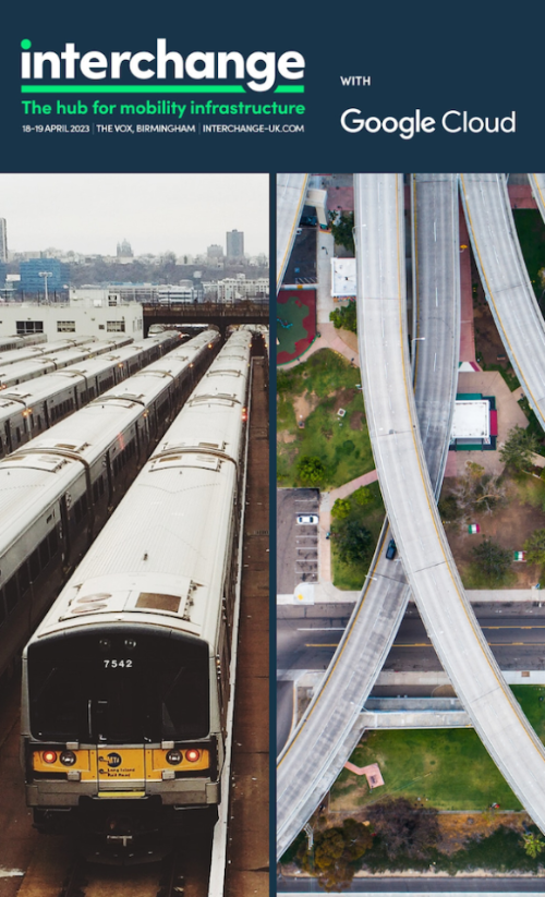 Interchange logo sitting above two images. Left, an image of trains at a depot. Right, an aerial shot of a motorway
